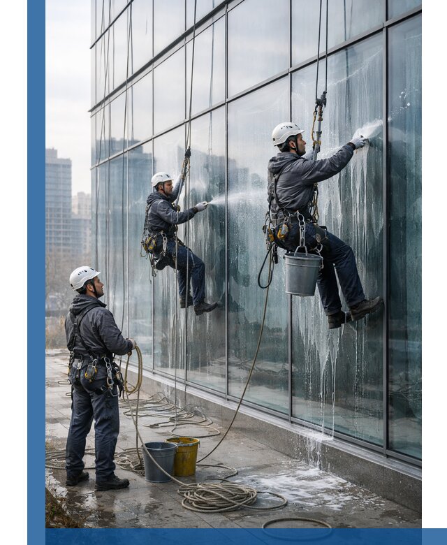 Промышленная мойка панорамных окон на высоте в Скопине