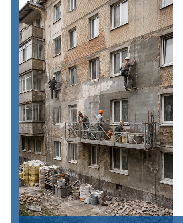 Капитальный ремонт фасада в Скопине с восстановлением и гидроизоляцией