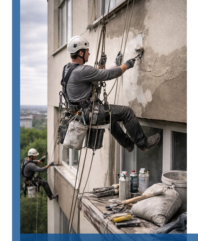 Косметический ремонт фасада зданий в Скопине промышленными альпинистами