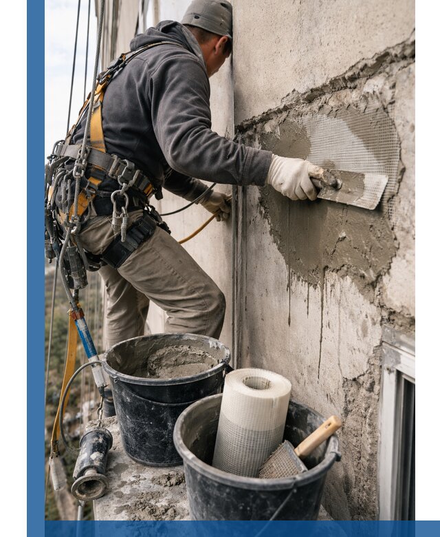 Ремонт бетонных элементов фасада промышленными альпинистами в Скопине