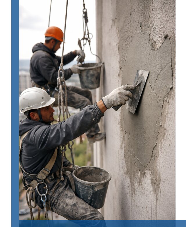 Штукатурка фасада на высоте в Скопине профессиональные работы