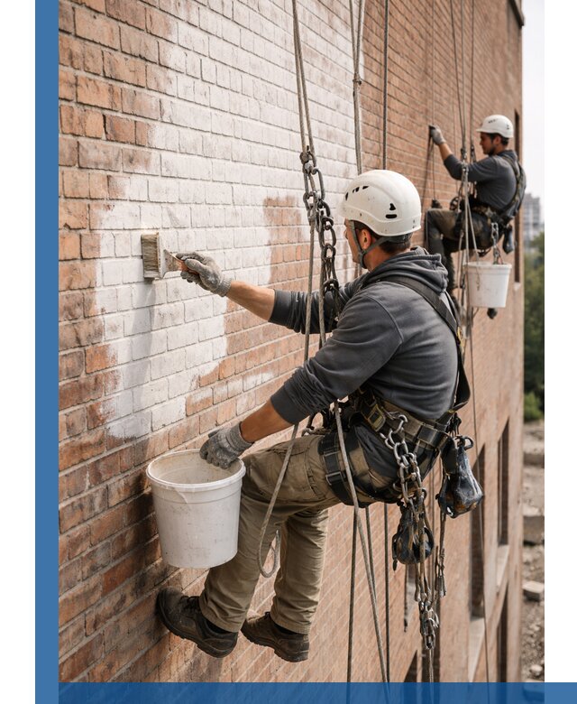Покраска кирпичного фасада с доступным альпинистским сервисом в Скопине