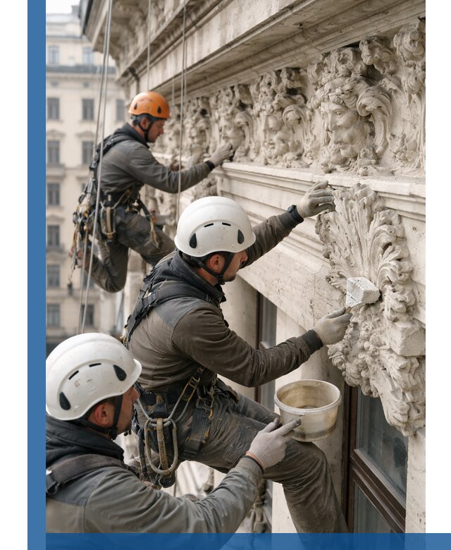 Реставрация фасадной лепнины с высотными работами в Скопине