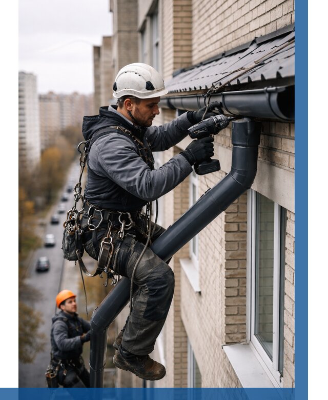 Монтаж водосточной системы на здании в Скопине от 5211 р. | ВЫСОТНИК-Скп