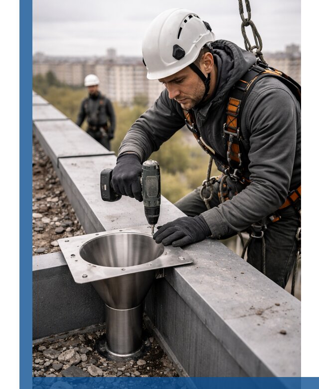 Монтаж водосточных воронок в Скопине для промышленных зданий