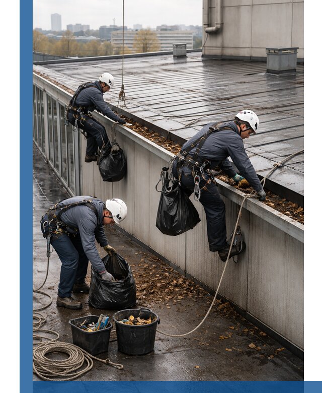 Очистка кровли по периметру в Скопине силами промышленных альпинистов