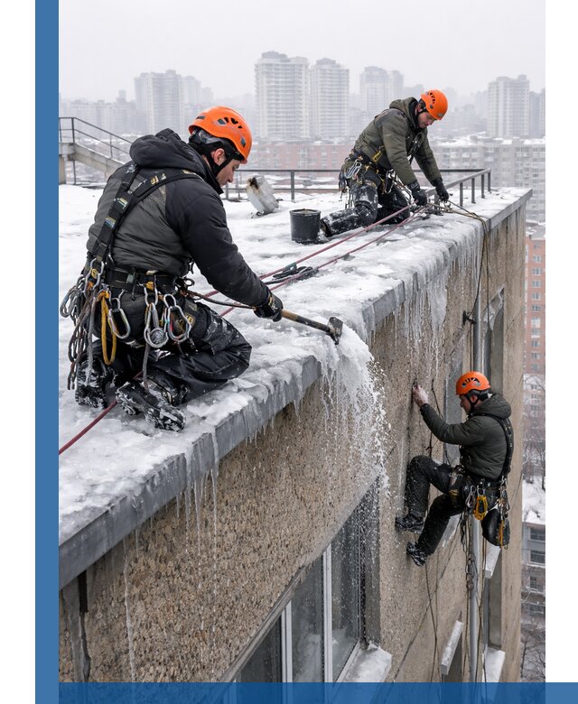 Удаление наледи с кровли в Скопине промышленными альпинистами