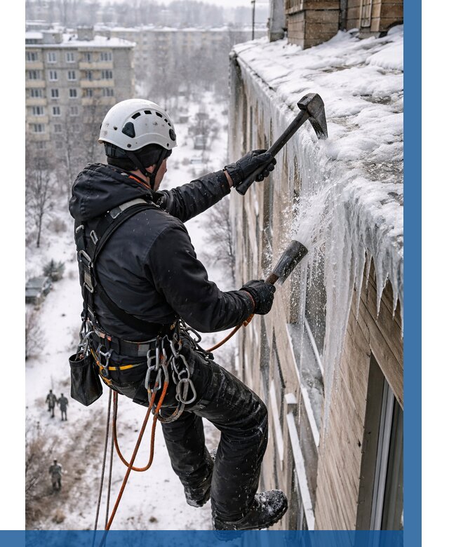 Сбивание сосулек с крыши в Скопине по цене от 4689 р. | ВЫСОТНИК-Скп