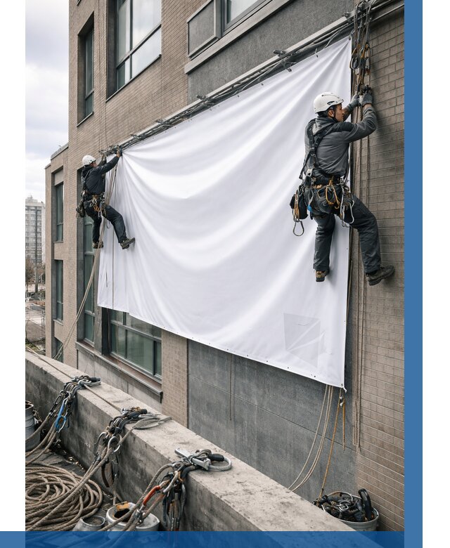 Монтаж баннеров на фасаде в Скопине от 677 р. заказать ВЫСОТНИК-Скп