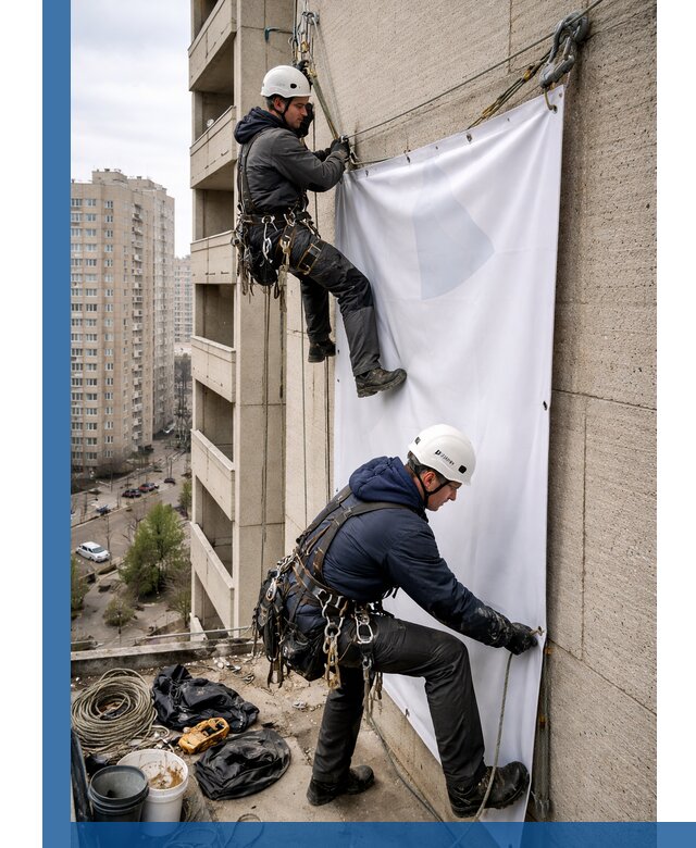 Профессиональный монтаж баннеров на фасаде в Скопине