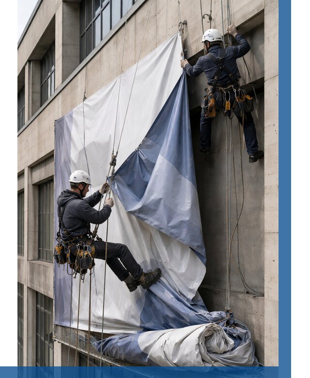 Демонтаж баннеров с фасада в Скопине от 4689 р. | ВЫСОТНИК-Скп