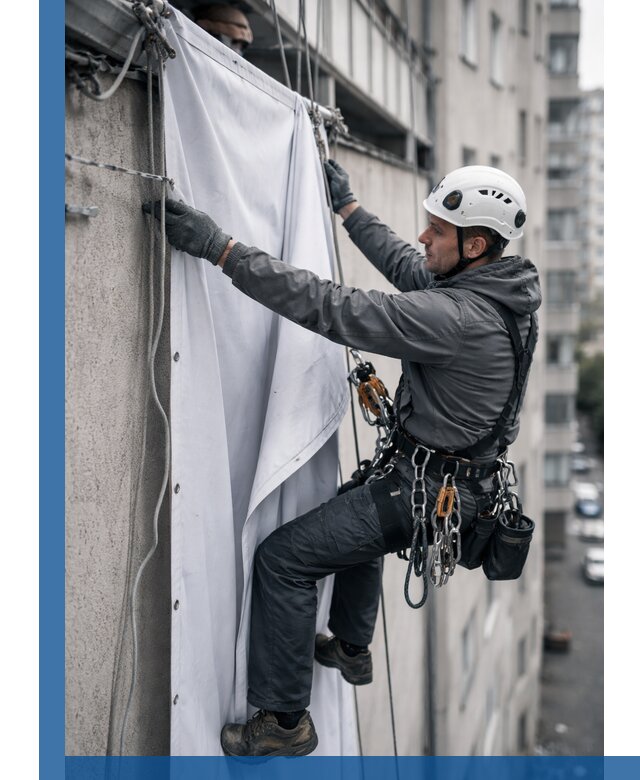 Замена баннерного полотна промышленными альпинистами в Скопине