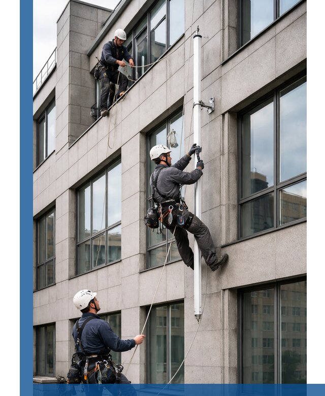 Монтаж флагштока на фасаде здания с креплением и герметикой в Скопине