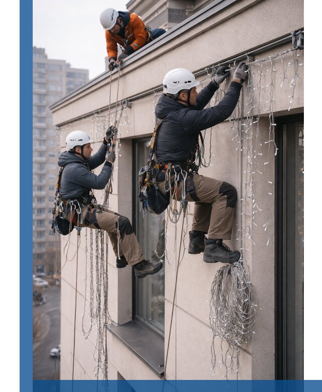 Монтаж праздничных гирлянд на фасаде в Скопине для зданий