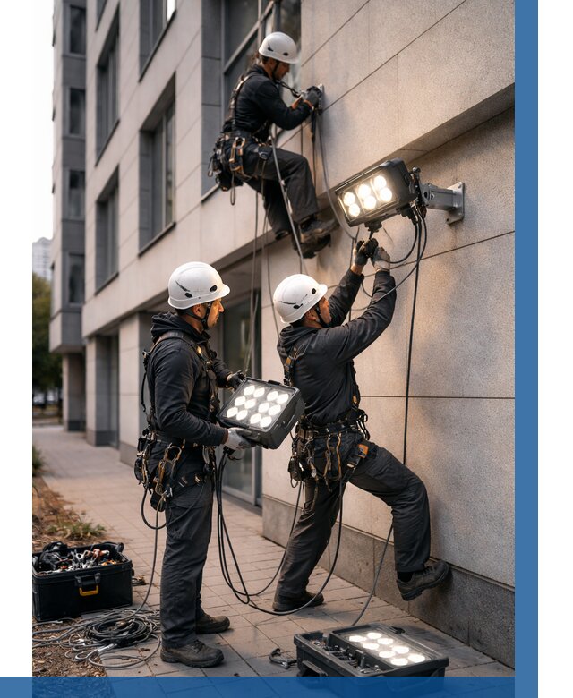 Монтаж прожекторов на фасаде в Скопине от 7816 р. | ВЫСОТНИК-Скп