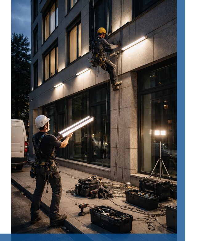 Монтаж архитектурной подсветки здания в Скопине от 2605 р.|ВЫСОТНИК-Скп