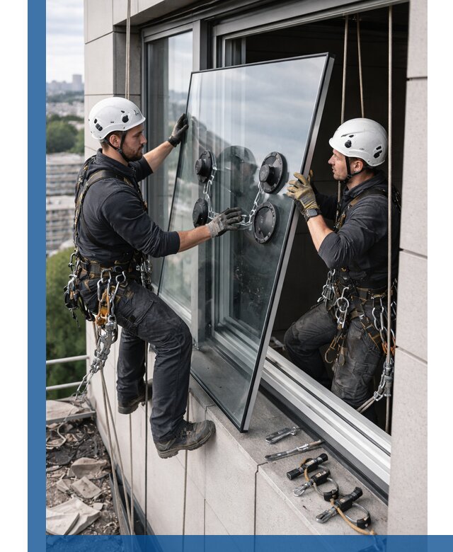 Замена стеклопакетов на высоте с промышленными альпинистами в Скопине