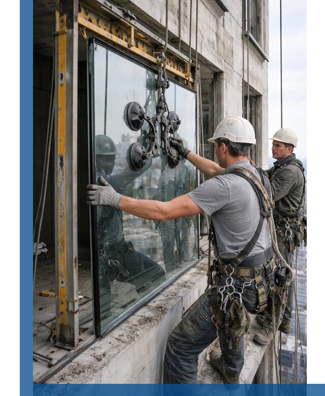 Монтаж стеклопакетов на высоте в Скопине с промышленным альпинизмом