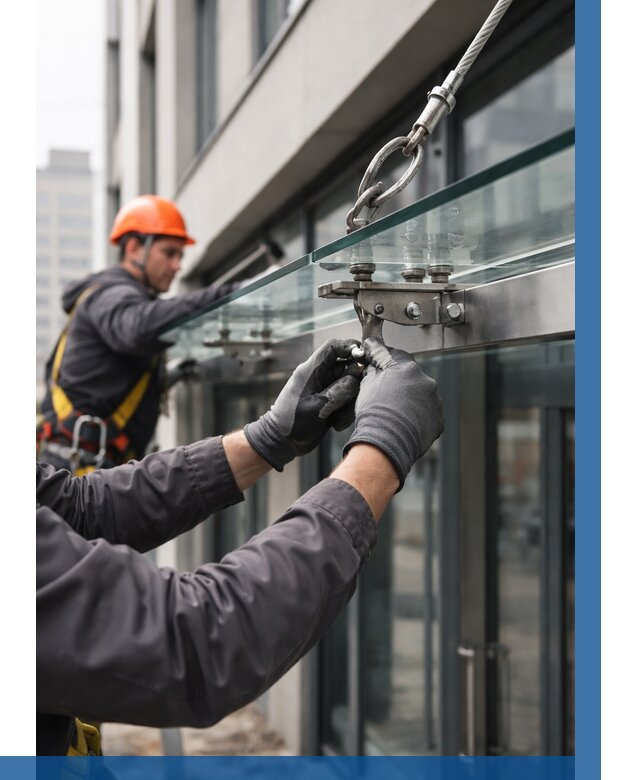 Монтаж стеклянных козырьков в Скопине от 8858 р. | ВЫСОТНИК-Скп