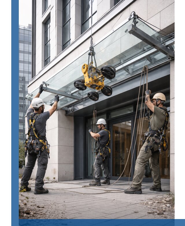 Монтаж стеклянных козырьков под ключ в Скопине для зданий