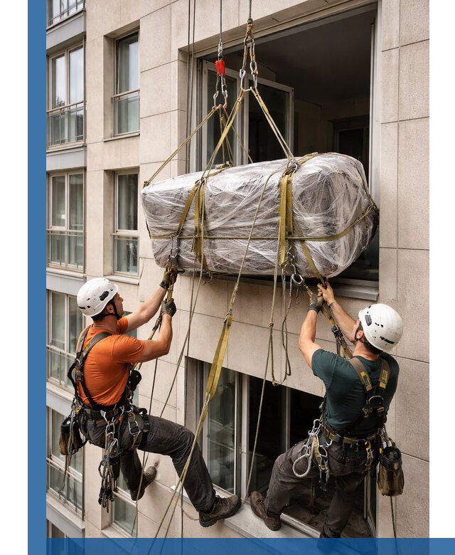 Подъем грузов через окно в Скопине промышленными альпинистами