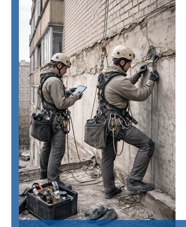 Обследование фасада промышленными альпинистами в Скопине